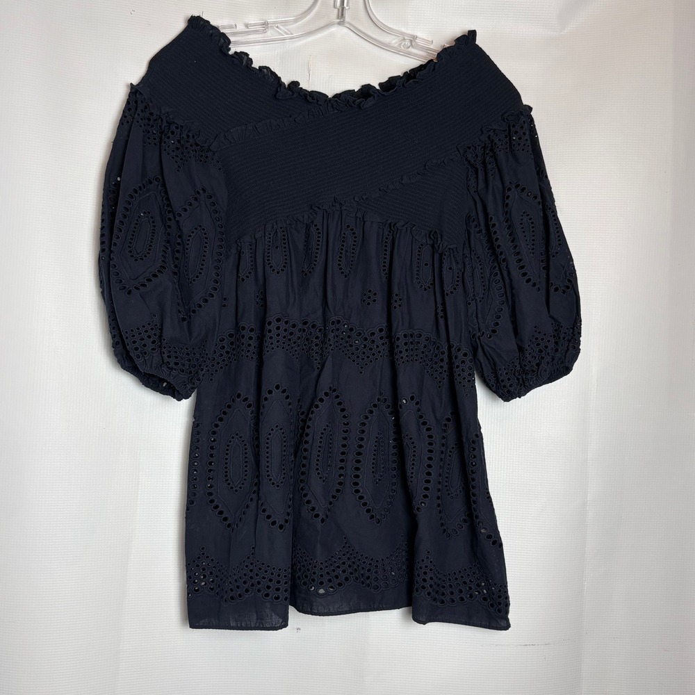 Sachin & Babi x Anthropologie Selene Navy Blue Eyelet Smocked Off Shoulder Top